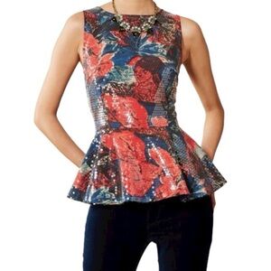 New! Anthropologie by Wolven  "Sugared Fleur Peplum Top" Blouse Size 6 Red Blue